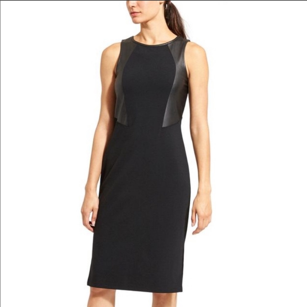 Athleta Black Sleeveless Ponte Sheath Dress with Faux Leather Panels
